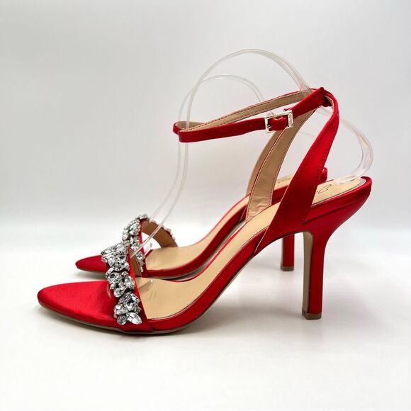Jewel Badgley Mischka Size 10 Ojai Jeweled Red Satin Heels Dress Sandals Shoes - Picture 6 of 14
